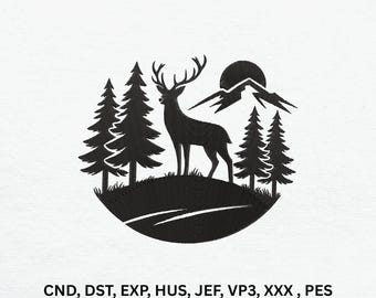 Forest Deer Silhouette Machine Embroidery Design, Mountain Nature Landscape Digital Pattern