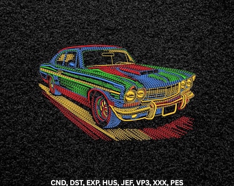 Colorful Classic Muscle Car Machine Embroidery Design, Vintage Auto Digital Pattern