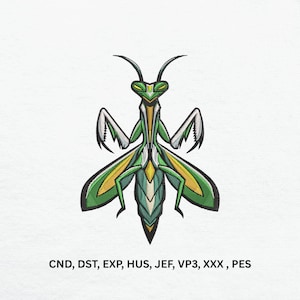 May include: Embroidered design of a praying mantis in green, yellow, and white, with black detailing. The insect is shown with its arms raised and wings spread. The text "CND, DST, EXP, HUS, JEF, VP3, XXX, PES" is at the bottom.