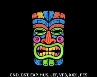 Colorful Tiki Mask Machine Embroidery Design Hawaiian Tribal Art Digital Pattern