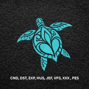 May include: An embroidered turquoise sea turtle design featuring intricate tribal-style patterns on a dark gray textured fabric background. Below the turtle, the text CND, DST, EXP, HUS, JEF, VP3, XXX, PES is printed in a clear white sans-serif font.