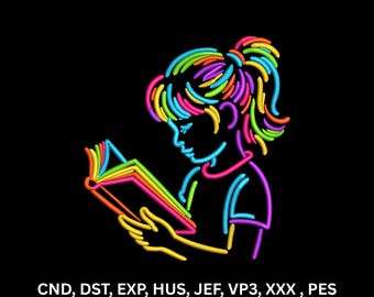 Colorful Girl Reading Book Machine Embroidery Design Neon Line Art Digital Pattern