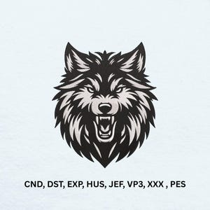 Puede incluir: Un diseño bordado en blanco y negro de una cabeza de lobo gruñendo con dientes afilados y orejas puntiagudas. Debajo de la cabeza del lobo, el texto CND, DST, EXP, HUS, JEF, VP3, XXX, PES está impreso en una fuente negra sin remates.