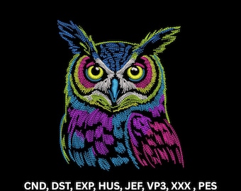 Neon Colorful Owl Machine Embroidery Design Abstract Bird Line Art Digital Pattern