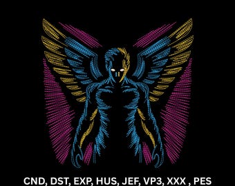 Neon Schutzengel Flügel Maschine Stickerei Design Bunt Krieger Line Art Digitales Muster