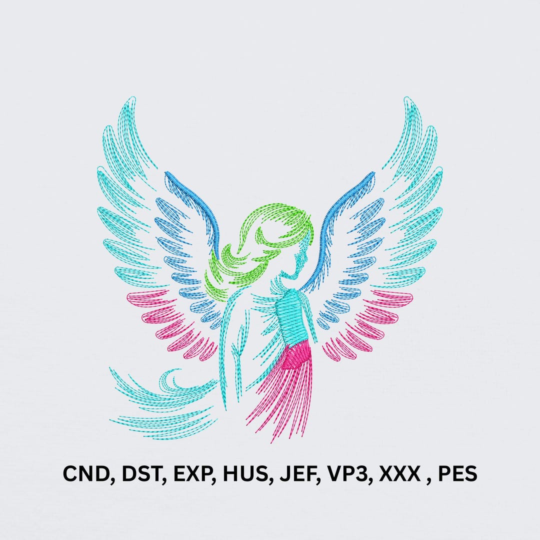 Colorful Angel Wings Machine Embroidery Design, Line Art Fairy Digital ...