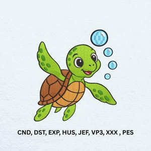 May include: An embroidery design featuring a bright green cartoon sea turtle with a brown shell, swimming with four blue bubbles above its head. The text CND, DST, EXP, HUS, JEF, VP3, XXX, PES is printed in black at the bottom of the image.