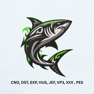 Fierce Tribal Shark Machine Embroidery Design, Neon Green Ocean Predator Digital Pattern