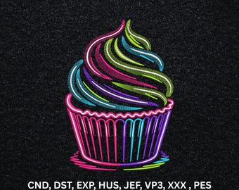 Neon Bunt Cupcake Stickdatei, Line Art Dessert Digitales Muster