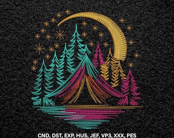 Neon Colorful Camping Tent Forest Night Machine Embroidery Design Line Art Pattern