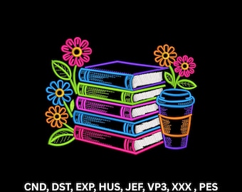 Neon Book Stack Coffee Machine Embroidery Design Colorful Floral Line Art Digital Pattern