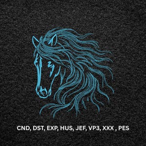 May include: An embroidery design featuring a stylized horse head with a flowing mane in bright cyan thread against a dark charcoal textured background. Below the horse, the text reads CND, DST, EXP, HUS, JEF, VP3, XXX, PES in white.