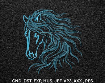 Elegant Horse Head Flowing Mane Machine Embroidery Design, Blue Equine Digital Pattern
