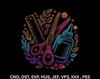 Neon Sewing Tools Craft Machine Embroidery Design Colorful Line Art Digital Pattern