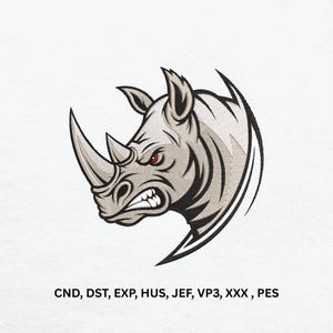May include: An embroidered design of a rhinoceros head with an angry expression, featuring a large horn and red eyes. The rhino is depicted in shades of gray and white, with black outlining. The text "CND, DST, EXP, HUS, JEF, VP3, XXX, PES" is at the bottom.
