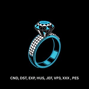 May include: An embroidery design of a ring featuring a large faceted diamond set in a band with white circular accents and bright blue outlines. The text CND, DST, EXP, HUS, JEF, VP3, XXX, PES is displayed in white at the bottom of the image.