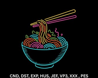 Neon Ramen Noodles Machine Embroidery Design Colorful Food Line Art Digital Pattern