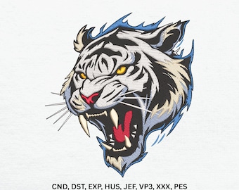 Fierce Roaring White Tiger Head Machine Embroidery Design, Wild Animal Digital Pattern