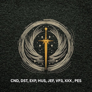 Mystical Golden Sword Machine Embroidery Design, Celestial Fantasy Weapon Digital Pattern