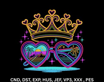 Neon Retro Crown Heart Sunglasses Machine Embroidery Design Synthwave Summer Digital Pattern