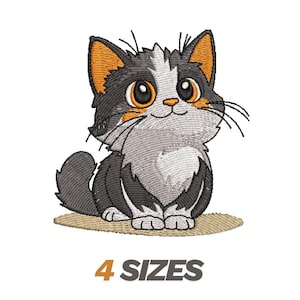 May include: An embroidered design of a cartoon cat with large eyes, featuring black, gray, orange, and white colors. The cat is sitting on a tan surface, with the text "4 SIZES" in orange below.