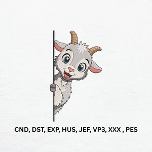 May include: An embroidery design featuring a cartoon goat with gray fur, tan horns, and blue eyes peeking from behind a vertical black line. Below the goat, the text reads CND, DST, EXP, HUS, JEF, VP3, XXX, PES in black capital letters.