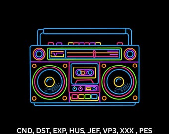 Neon Retro Boombox Machine Embroidery Design Colorful Music Line Art Digital Pattern