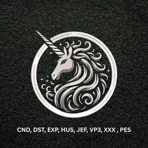 May include: An embroidered circular patch featuring a white unicorn head with a spiraled horn, surrounded by swirling mane details and small stars. Below the circular design, the text reads: CND, DST, EXP, HUS, JEF, VP3, XXX, PES.
