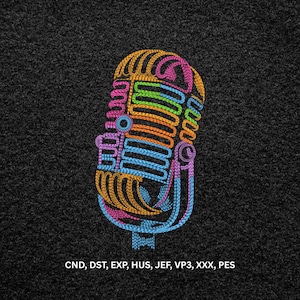 May include: An embroidered design of a vintage-style microphone featuring vibrant orange, pink, green, purple, and blue thread colors on a dark textured background. Below the microphone, the text reads CND, DST, EXP, HUS, JEF, VP3, XXX, PES.