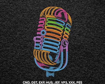 Neon Retro Microphone Machine Embroidery Design, Vintage Music Line Art Pattern