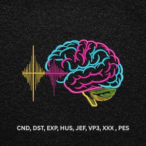 May include: An embroidered design on a black fabric background featuring a human brain outlined in bright blue and magenta, with a yellow and magenta sound wave graphic to the left. Text at the bottom reads CND, DST, EXP, HUS, JEF, VP3, XXX, PES.