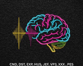 Neon Bunte Gehirn Soundwave Maschinenstickerei, Wissenschaft Line Art Digitales Muster