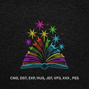 May include: An embroidered design of an open book with colourful pages radiating upwards into various star shapes. The vibrant thread colours include pink, yellow, green, red, and blue against a black background. Text below reads: CND, DST, EXP, HUS, JEF, VP3, XXX, PES.