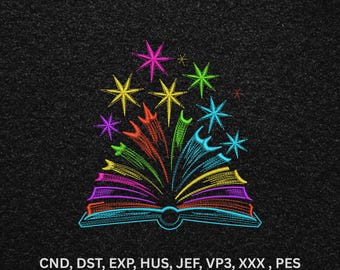 Neon Magic Book Stickmaschine Stickmuster, Buntes Lese Line Art Digitales Muster