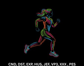Neon Female Runner Machine Embroidery Design Colorful Fitness Line Art Digital Pattern
