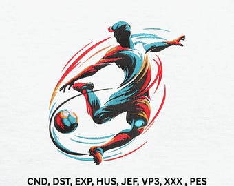 Puede incluir: Ilustración dinámica de un futbolista pateando un balón. El jugador está en movimiento, con colores rojo, azul y amarillo sobre un fondo blanco. El texto "CND, DST, EXP, HUS, JEF, VP3, XXX, PES" se encuentra en la parte inferior.