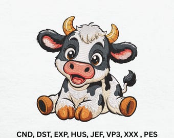 Cartoon Baby Cow Embroidery Design, Farm Animal Machine Embroidery Pattern (Digital Download)