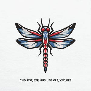 May include: An embroidered dragonfly design featuring red, blue, white, and black thread. The insect has large red eyes, a segmented body, and four wings with intricate patterns. Below the dragonfly is the text: CND, DST, EXP, HUS, JEF, VP3, XXX, PES.
