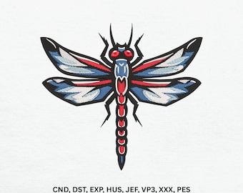 Red White Blue Dragonfly Machine Embroidery Design, Geometric Bug Digital Pattern