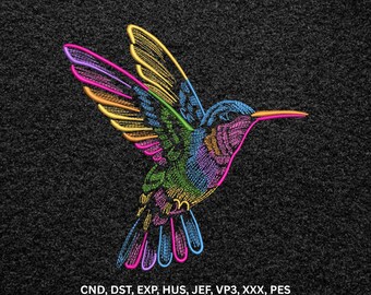 Neon Colorful Hummingbird Machine Embroidery Design, Line Art Bird Digital Pattern
