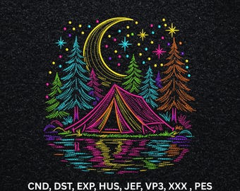 Neon Mondschein Camping Zelt Maschinenstickerei, Bunte Waldnacht Linie Kunst