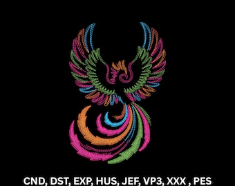 Neon Phoenix Machine Embroidery Design Colorful Fire Bird Line Art Digital Pattern