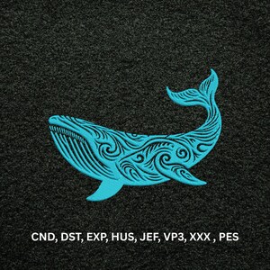 Puede incluir: Un diseño de bordado a máquina en color cian brillante de una ballena con intrincados patrones de remolinos en el cuerpo, sobre un fondo texturizado gris oscuro. El texto CND, DST, EXP, HUS, JEF, VP3, XXX, PES está impreso en blanco abajo.