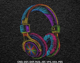 Neon Colorful Headphone Machine Embroidery Design, Music Line Art Digital Pattern