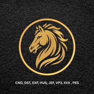 May include: A gold-colored embroidered horse head design within a gold circular frame, set against a dark gray textured background. The horse's profile is detailed with flowing mane. The image includes the text: CND, DST, EXP, HUS, JEF, VP3, XXX, PES.