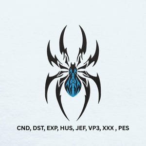Tribal Spider Machine Embroidery Design, Black Blue Arachnid Digital Pattern