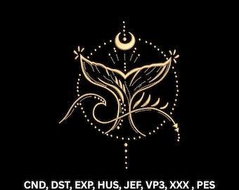 Boho Golden Mermaid Tail Crescent Moon Machine Embroidery Design Celestial Digital Pattern
