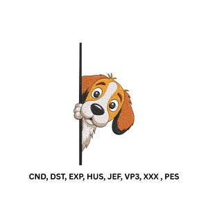 May include: An embroidery design featuring a brown and white dog peeking from behind a vertical black line. The dog has large eyes, a black nose, and floppy ears. Below the graphic, the text reads: CND, DST, EXP, HUS, JEF, VP3, XXX, PES.