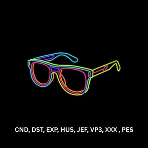 Diseño de bordado a máquina de gafas de sol retro neón, gafas coloridas, arte lineal, patrón digital