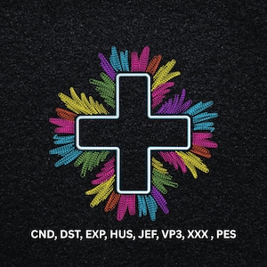 May include: A white outlined plus sign centered over a vibrant, multi-colored burst of embroidered-style feathers in shades of blue, green, yellow, orange, and magenta on a black background. Text below reads: CND, DST, EXP, HUS, JEF, VP3, XXX, PES.